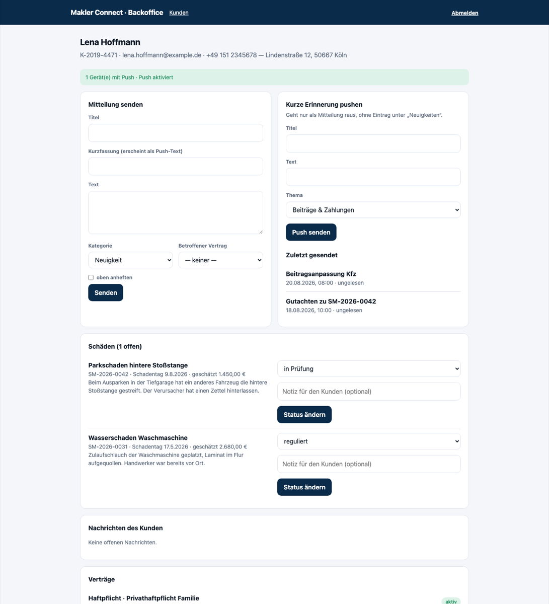 Tatsächliche Kundendetailseite im Makler-Connect-Dashboard mit Mitteilungs- und Push-Formularen, Schäden, Kundennachrichten und Verträgen